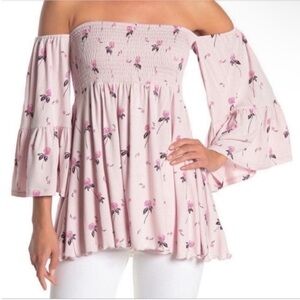 Free People Lana top pink Cloud Berry Combo off shoulder stretch bell sleeve